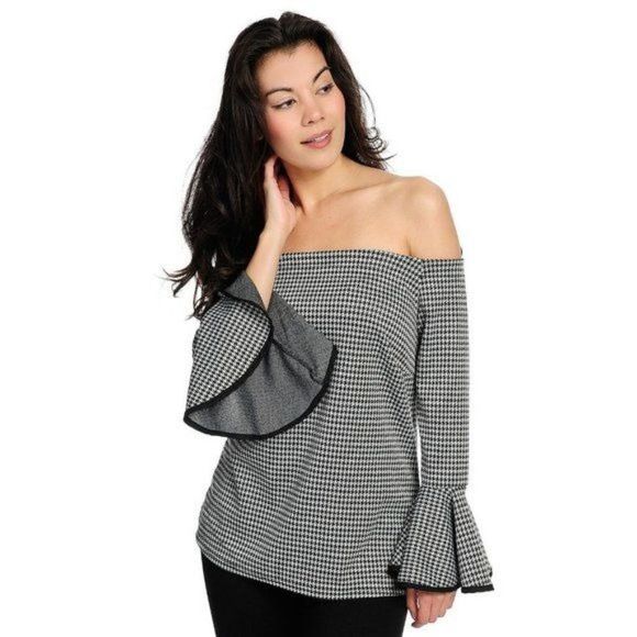 Black and Off White Plaid Off-the Shoulder Bell Sleeve Top - Picture 2 of 5
